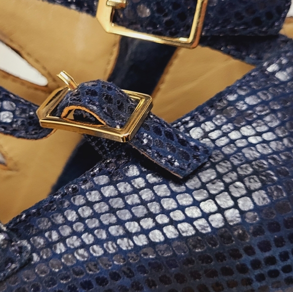 Isola Womens 7.5 Navy Blue Snake Embossed Triple Strap Buckle Open Peep … - Picture 2 of 15
